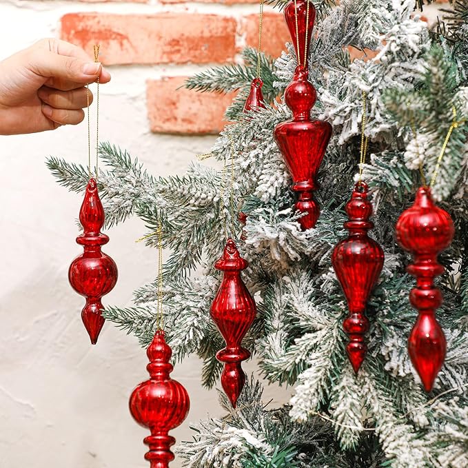 Mifoci 8 Pcs 6 Inch Mercury Glass Finial Christmas Ornaments Hanging Christmas Finials Glass Ornaments Assorted Mercury Decor for Vintage Holiday Xmas Tree Decoration(Red)