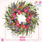 Spring Wreaths for Front Door 24 Inch with Vibrant Lavender and Daisy, Large Spring & Summer Wreath for Door Outside, Year Round Farmhouse Wedding Window Wall Decor, Housewarming Gift