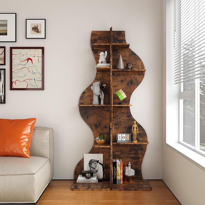 YOWOS Modern Corner Shelf, 5 Tier High Corner Bookshelf for Small Spaces, Scalloped Corner Bookshelf and Storage, Wooden Display Stand for Plants, Books and Decorations (Rustic)