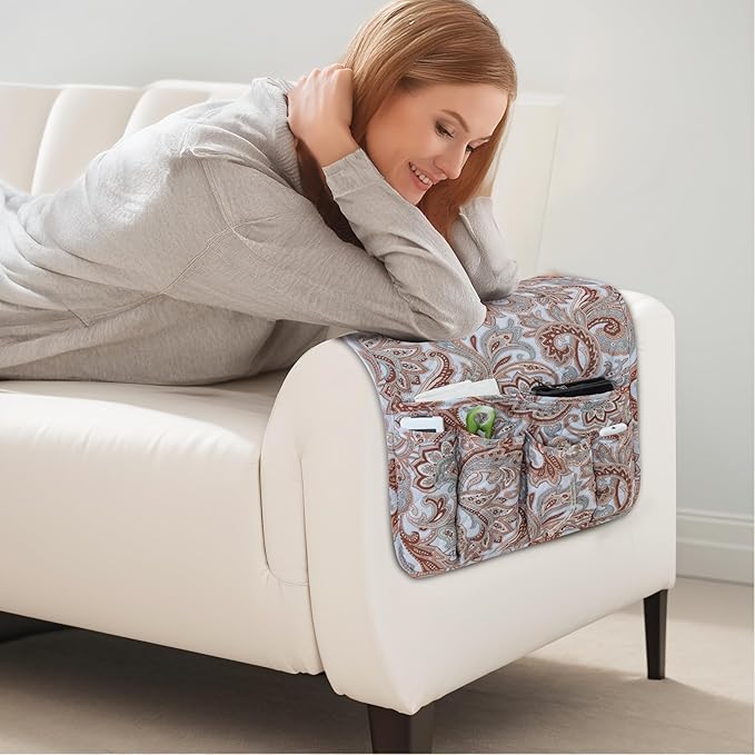 Armchair Caddy for Couch Remote Control Holder Premium Durable Non-slip Sofa Armset Organizer Caddy Storage for Recliner Couch 5 Pocket for Cell Phone Magazine 35"x13" Floral 1 Piece