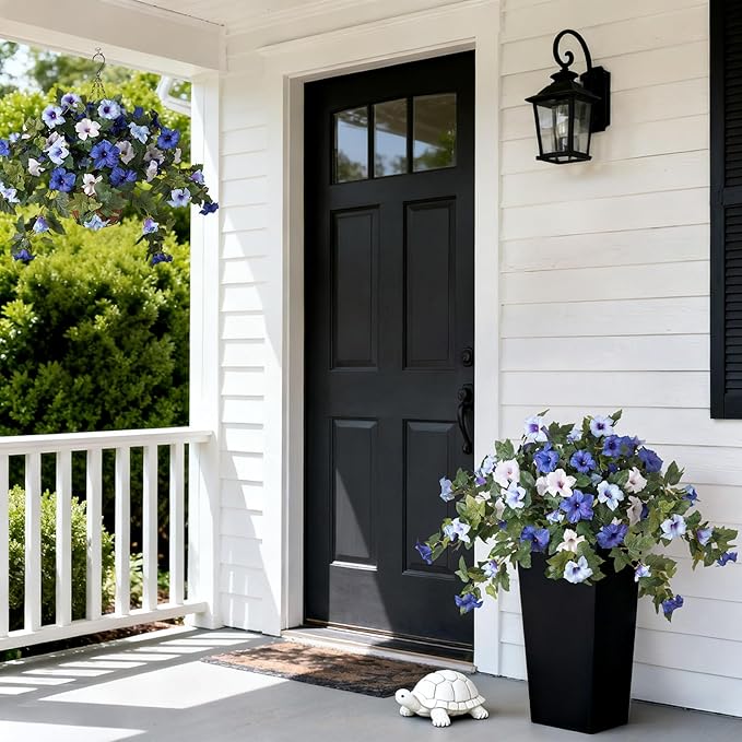 Artificial Fake Petunia Flowers for Outdoor Decoration, 2PCS Faux Silk Petunias Flower for Spring UV Resistant No Fade Realistic Plants for Garden Balcony Yard Porch Indoor Decor(Blue White)