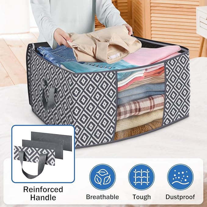 Direct 100L, 6 Pack, Storage Containers, Large Clothes Storage Bins Foldable Organization and Storage Bags with Reinforced Handle, Clear Window for Bedding, Blankets, Clothing, Grey
