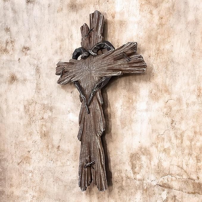 Rustic Wood-Look Resin Wall Cross with Barbed Wire & Nail Heart Accents – 11 ½” Christian Farmhouse Wall Décor, Inspirational Religious Gift (Rustic Brown)