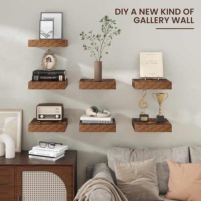 Venusmiles Square Floating Shelves for Wall, 12" W x 12" D x 2" H, 2 Pack of Small Wall Mounted Engineered Wood Shelves with Invisible Brackets for Living Room, Bedroom, Bathroom, Kitchen Decor, Brown