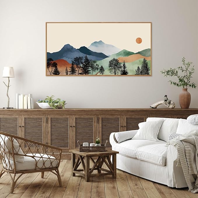 SIGNINART Boho Mountain Framed Canvas Wall Art, Watercolor Nature Landscape Art Prints, Modern Sunrise Art Paintings, Green Forest Wall Decor for Living Room, Bedroom, Office 20"x40"