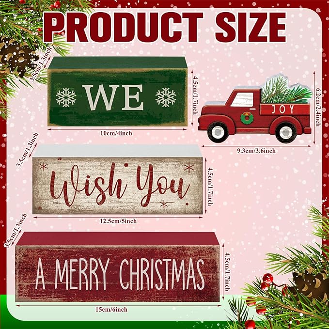 Lineshading 4 Pcs Rustic Christmas Decor Wooden Red Truck Winter Tiered Tray Decor Merry Christmas Table Centerpiece Wood Red Truck Block Sign Gift Farmhouse for Home Kitchen Tabletop Office Shelf