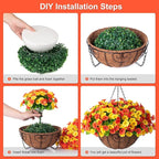 Artificial Hanging Flowers with Basket, Faux Silk Petunias Flower Arrangement, Coconut Lining with Morning Glories Fake Plants Patio Garden Porch Deck Fall Decor(Orange Yellow)
