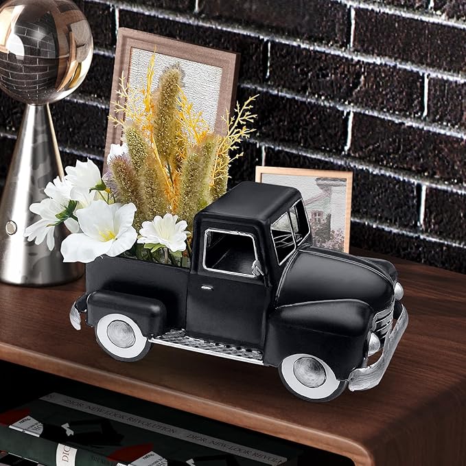 Farmhouse Black Truck Decor, Metal Pickup Farm Trucks Planter, Vintage Truck Christmas Decoration,Decorative Tabletop Storage