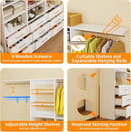 Closet System with 9 Drawers, 11.5-18FT Closet Organizer System with Cuttable Shelves for Walk in Closet with 9 Expandable Hanging Rods, Heavy Duty Built-in Closet for Bedroom, White(3 Sets)