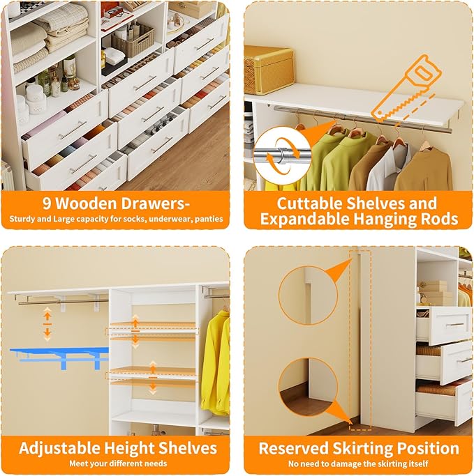 Closet System with 9 Drawers, 11.5-18FT Closet Organizer System with Cuttable Shelves for Walk in Closet with 9 Expandable Hanging Rods, Heavy Duty Built-in Closet for Bedroom, White(3 Sets)