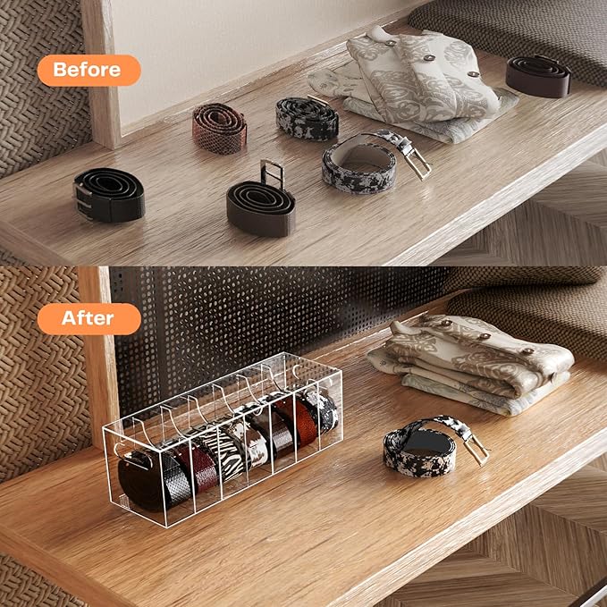 Belt Organizer - Acrylic Belt Storage Holder for Closet with Dust Cover Lid - 7 Compartments Clear Display Case for Tie and Bow Tie