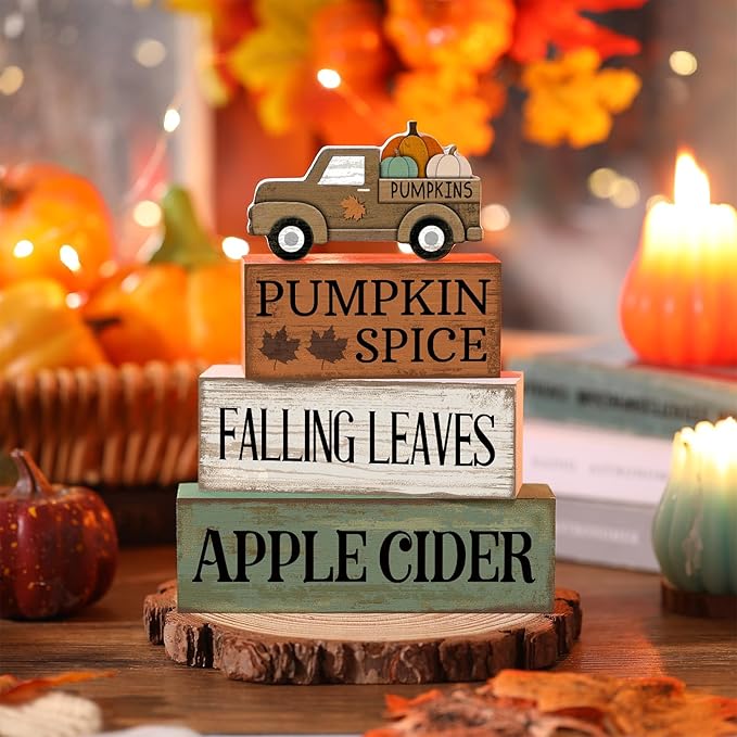 Lineshading 4 Pcs Fall Table Decoration for Home Fall Truck Decor Thanksgiving Tiered Tray Decor Rutic Thanksgiving Centerpiece Pumpkin Truck Block Signs Gift Farmhouse Autumn Decoration for Home