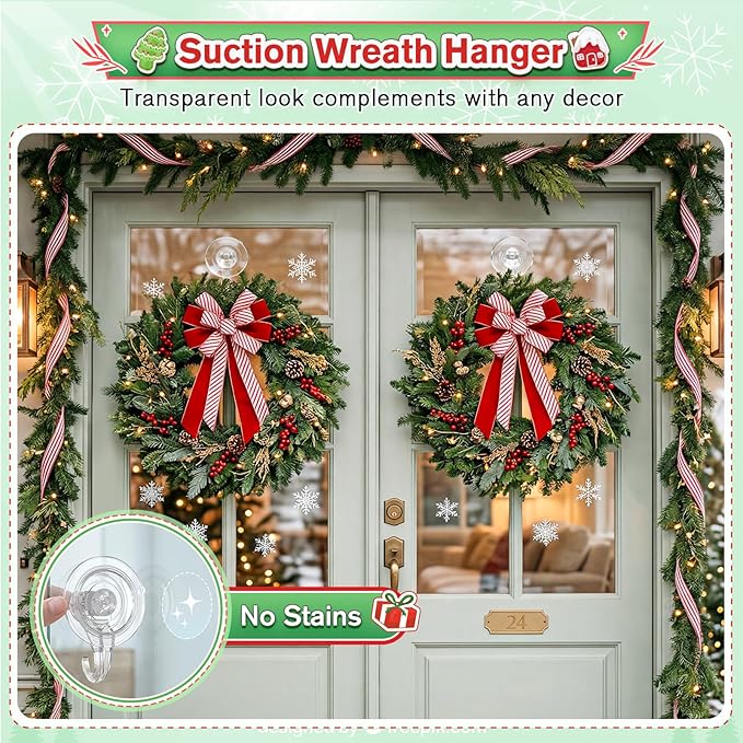 VIS'V Wreath Hanger, Large Suction Cup Wreath Hooks, Heavy Duty, 22 LB Capacity, Removable and Reusable, Clear, 6 Pcs