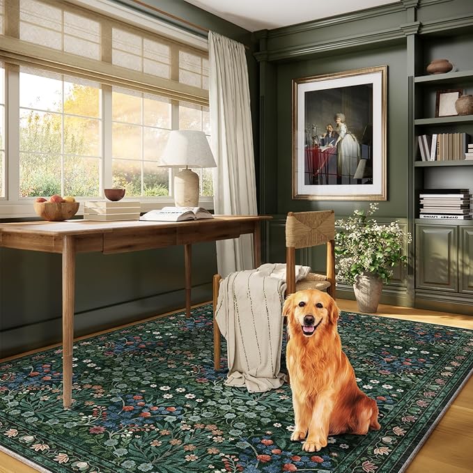 Floral Dark Green Area Rugs 5x7, Soft Washable Non-Slip Low Pile Boho Rugs for Living Room & Bedroom, Stain Resistant Forest Farmhouse Large Carpet for Dining Room & Office