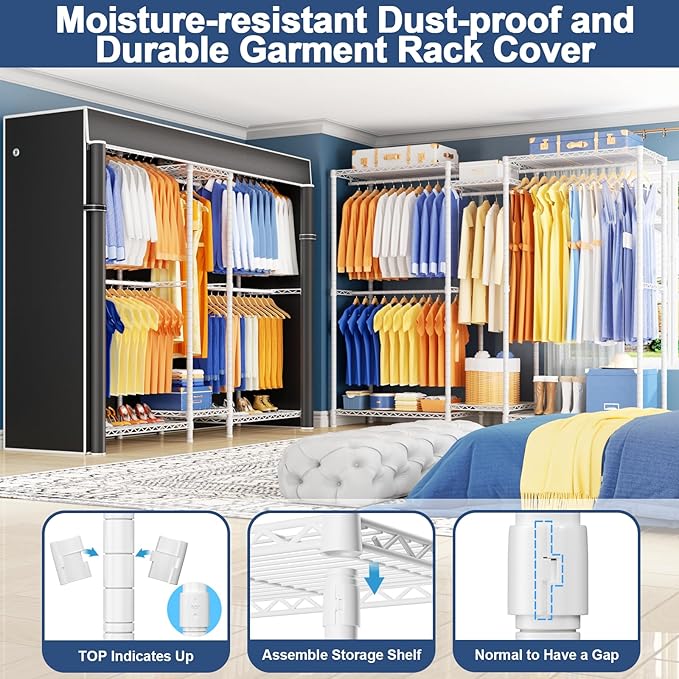 Ulif E12C Pro Heavy Duty Closet Organizer System，Freestanding Clothing Racks for Hanging Clothes，Adjustable Garment Rack 71"W x 16"D x 76.5"H Hold 960lbs，White Clothing Rack with Black Dustproof Cover