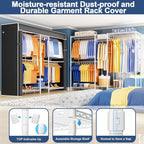 Ulif E12C Pro Heavy Duty Closet Organizer System，Freestanding Clothing Racks for Hanging Clothes，Adjustable Garment Rack 71"W x 16"D x 76.5"H Hold 960lbs，White Clothing Rack with Black Dustproof Cover