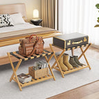 Bamboo Luggage Rack for Guest Room, Wide Suitcase Stand with Storage Shelf, Folding Luggage Stand Holder for Bedroom Hotel, 26.77" Thickened Luggage Rack for Suitcases, Natural