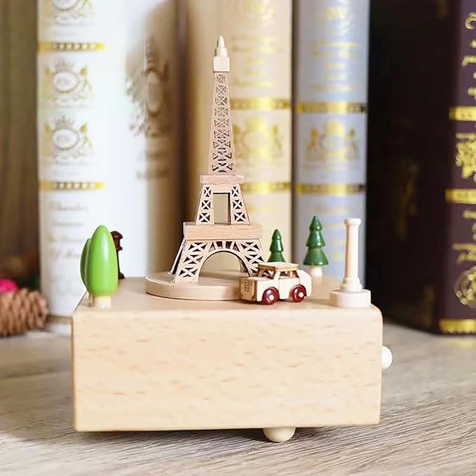 Natural Solid Wood Handcrafted Beech Wooden, Musical FigureTotoro/Carousel/Fairy/Ballerina Figurine,Rotating Hand Crank Mechanism Music Box,Musical Decorations (Eiffel Tower)