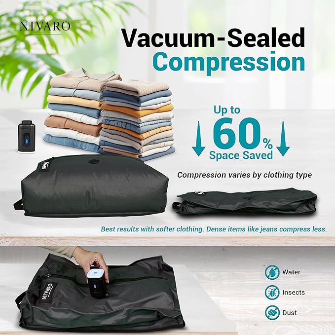 Travel Vacuum Compression Bags | Large 30L 1-Pack | Waterproof & Reusable | Space Saver Bags for Luggage | Wireless Pump Included