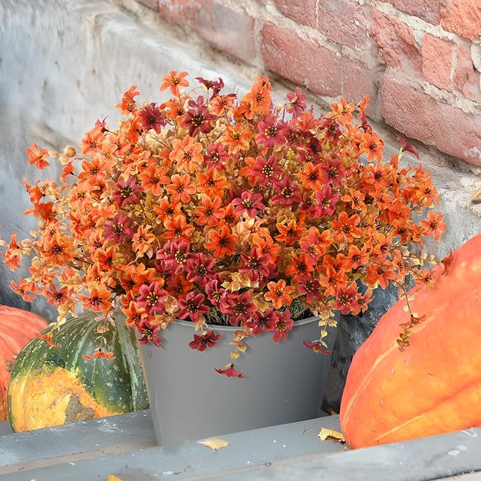 Homsunny Artificial Mums Fake Flowers for Outdoors Decoration, 12 Bundles Realistic Silk Daisy Faux Plants UV Resistant Decor for Home Garden Porch Patio Yard Balcony Window (Orange Brown)