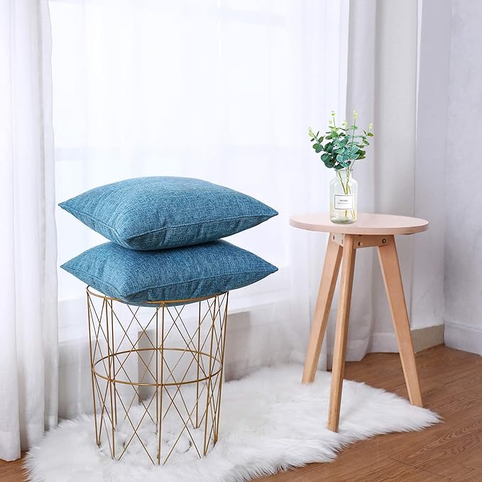 HPUK Linen Throw Pillow Covers Pack of 2, 16x16 Inch Accent Cushion Covers for Living Room, Bedroom, Decorative Solid Color Pillow Covers for Couch, Sofa, Chair, Aqua Blue