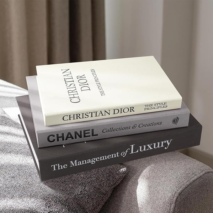 1DOT2 Aesthetic Decorative Books -Set of 3 Minimalist Linen Hardcover Faux/Fake Books,Decorative books for Home Decor Living Room Decoration,Photo Storage or as a Keepsake Box(Black-gray-beige-luxury)