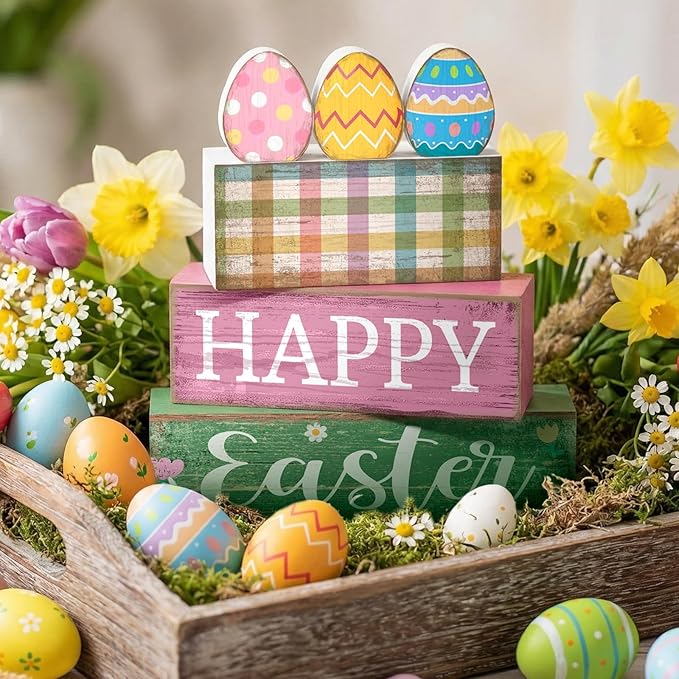 Lineshading 4 Pcs Easter Table Decoration Wooden Pastel Eggs - No Assembly Required Reusable Happy Easter Tiered Tray Decor, Perfect for Home Kitchen Party Farmhouse Centerpieces & Holy Week Gift