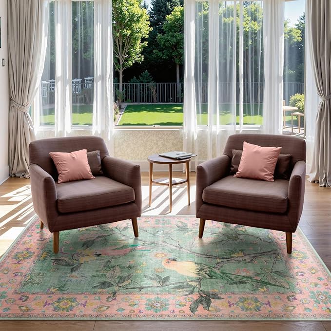 Lahome Botanical Birds Washable 3x5 Pink Living Room Bathroom Rugs for Entryway, Vintage Soft Non Slip Indoor Throw Carpet for Nursery Bedroom Classroom