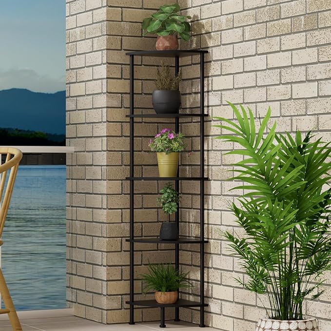 5-Tier Corner Shelf Stand, 52" Industrial Corner Display Rack for Living Room, Bookshelf, Tall Display Shelf, Plant Stand, Storage Standing Shelf for Bedroom, Bathroom, Kitchen, Black