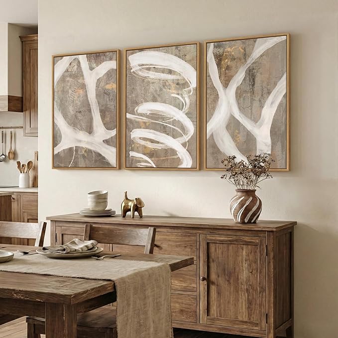 Large Framed Neutral Abstract Wall Art, Set of 3 Piece Modern Canvas Prints Paintings Artwork for Walls, Minimalist Beige Taupe White Pictures for Living Room Dining Bedroom Hallway Wall Decor 20x30In