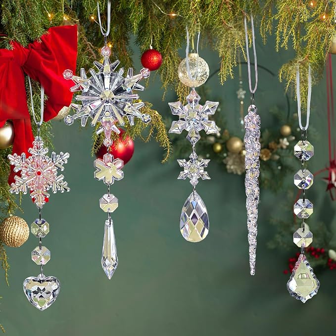 Jishi 21pcs Crystal Christmas Ornaments for Christmas Tree Decorations, Hanging Crystals Acrylic Snowflake Icicle Ornaments Set w/Drop Pendants for Winter Wonderland, Holiday Home Decor Party Supplies