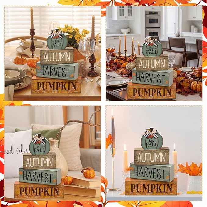 Lineshading 4 Pcs Fall Table Decoration for Home Wooden Pumpkin Decor Thanksgiving Tiered Tray Decor Rustic Neutral Pumpkin Stacked Block Autumn Centerpiece Decoration for Harvest Home Kitchen