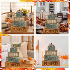 Lineshading 4 Pcs Fall Table Decoration for Home Wooden Pumpkin Decor Thanksgiving Tiered Tray Decor Rustic Neutral Pumpkin Stacked Block Autumn Centerpiece Decoration for Harvest Home Kitchen