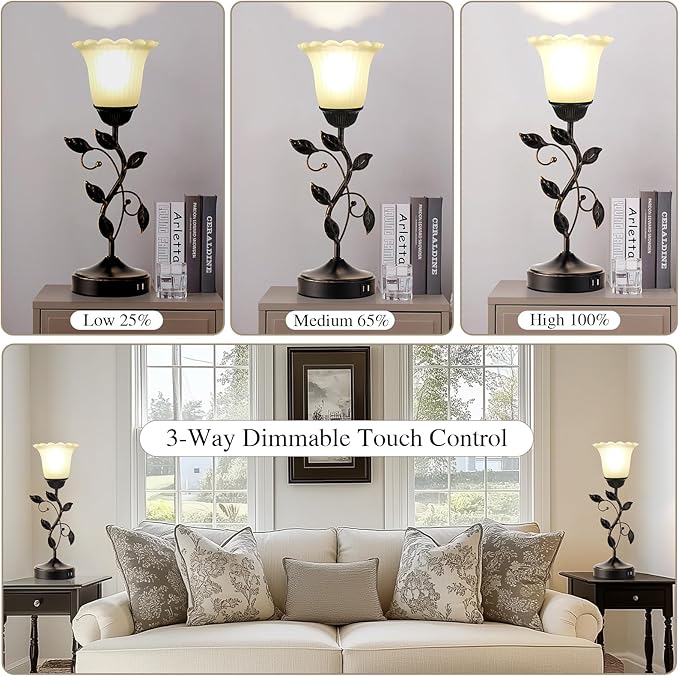 Set of 2 Touch Bedside Vintage Lamps with 2 USB C+A | 3-Way Dimmable Flower Lamps, White Glass Shade Rustic Leaf Lamp for Bedroom Side Table, LED Bulb Included