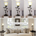 Set of 2 Touch Bedside Vintage Lamps with 2 USB C+A | 3-Way Dimmable Flower Lamps, White Glass Shade Rustic Leaf Lamp for Bedroom Side Table, LED Bulb Included