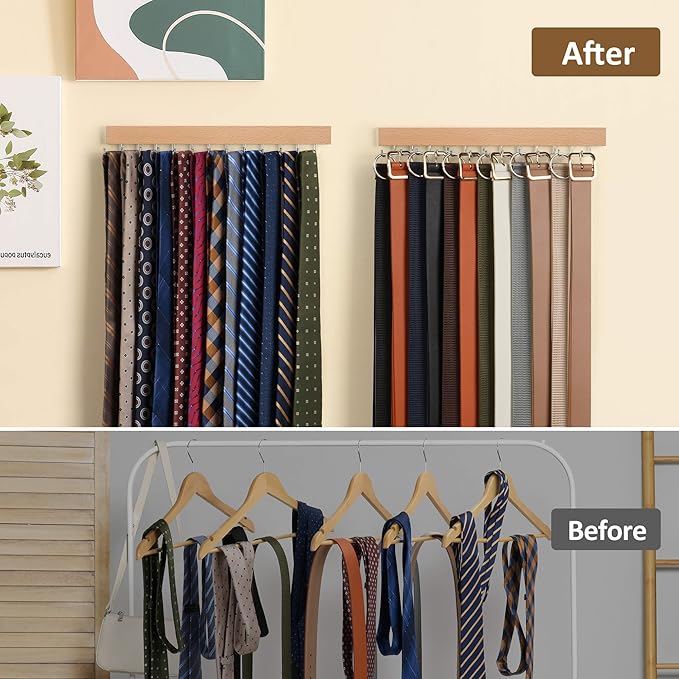 ZEDODIER 2 Pack Wodden Tie Hanger Wall Mounted, Space Saving Belt Organizer for Man with 24 180° Rotating Hooks, Space Saving Belt Storage Holder, Natural