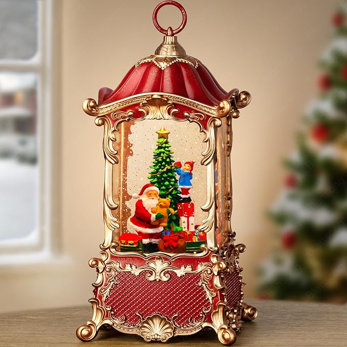 Snow Globes Lantern Home Decor Accent for Child Santa Claus Tree Auto Snowfall Glitter Music Collection with 6H Timer USB/Battery Powered 12.5 inch
