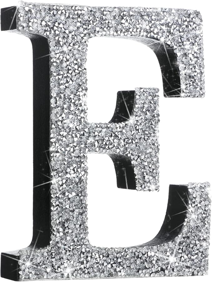 Qunclay 5.7" Silver Crystal Diamond Bling Letters Crushed Diamond Decoration Wooden Glitter Letter with Screw and Hooks Rhinestone Gift for Wedding Y2k Mcbling Bedroom Wall Decor (Letter E)