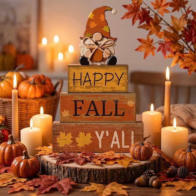 Lineshading 4 Pcs Fall Decorations for Home Wooden Gnome Block Sign Thanksgiving Tiered Tray Decor Thanksgiving Centerpiece Rustic Fall Table Decor for Autumn Harvest Party Home Kitchen Decorations