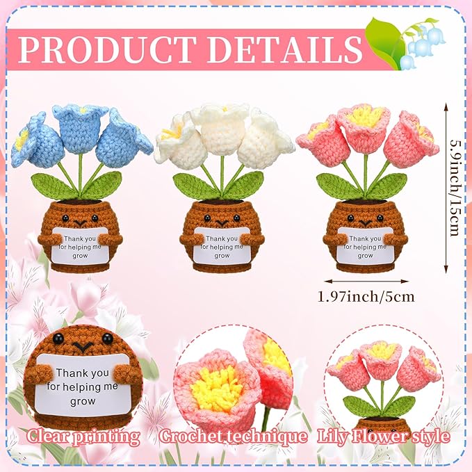 Wavwavw 3 Pack Teacher Appreciation Gift Positive Flower Handmade Crochet Doll Thank You for Helping Me Grow Gifts Back to School Gifts for Women Teacher(Bell Orchid)