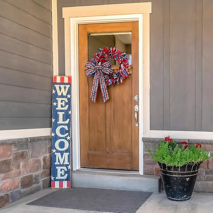 Retrowavy 16 Inch Patriotic Wreath with Bow, 4th of July Wreaths for Front Door Red White and Blue Wreath for 250th Anniversary Memorial Day Independence Day Porch Farmhouse Holiday Decor Vintage
