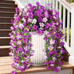Artificial Fake Hanging Flowers Plants for Outdoor Spring Decoration,2 PCS Faux Silk Morning Glory with Eucalyptus Leaves,UV Resistant Realistic Trailing Vines for Balcony Porch Patio Yard Garden