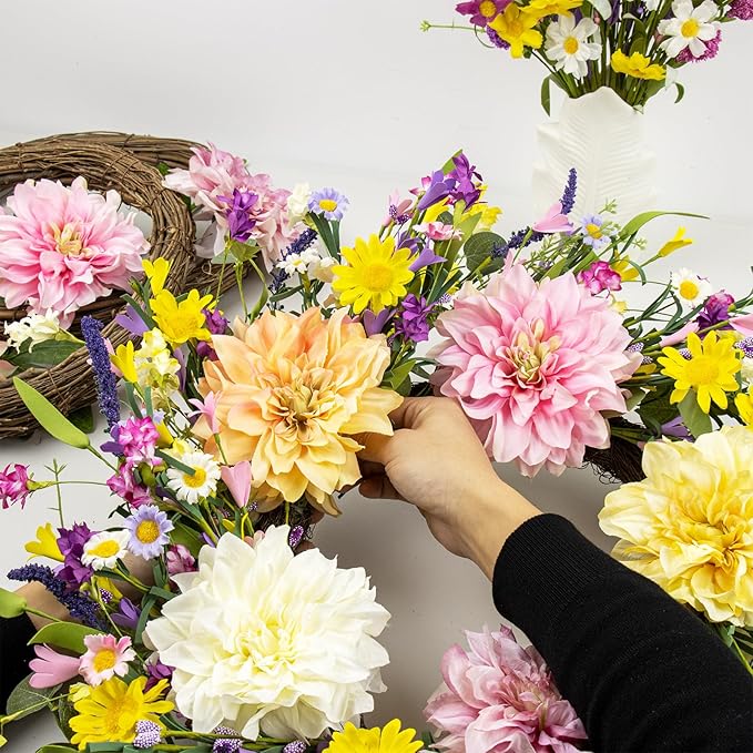 LLZLL Spring Wreaths for Front Door 22 Inch Spring Wreath Artificial Summer Wreath with Colorful Dahlia Daisy and Forsythia for Farmhouse Home Holiday Decorations