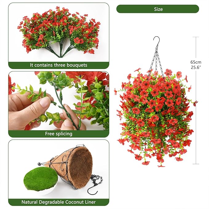 Artificial Fake Hanging Plants Flowers Baskets for Outdoor Outside Spring Decor,Faux Silk Daisy UV Resistant Look Real Summer Decorations for Home Porch Patio Yard Garden(Red