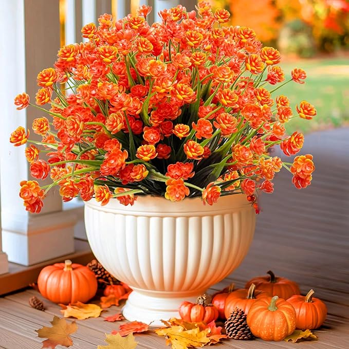 12 Bundles Artificial Flowers for Outdoors Spring Summer Decorations, UV Resistant Fake Mums Realistic Fake Plants Faux Plastic Flowers for Outdoor Indoor Home Gardens Porch Fall Decor(Orange Red)