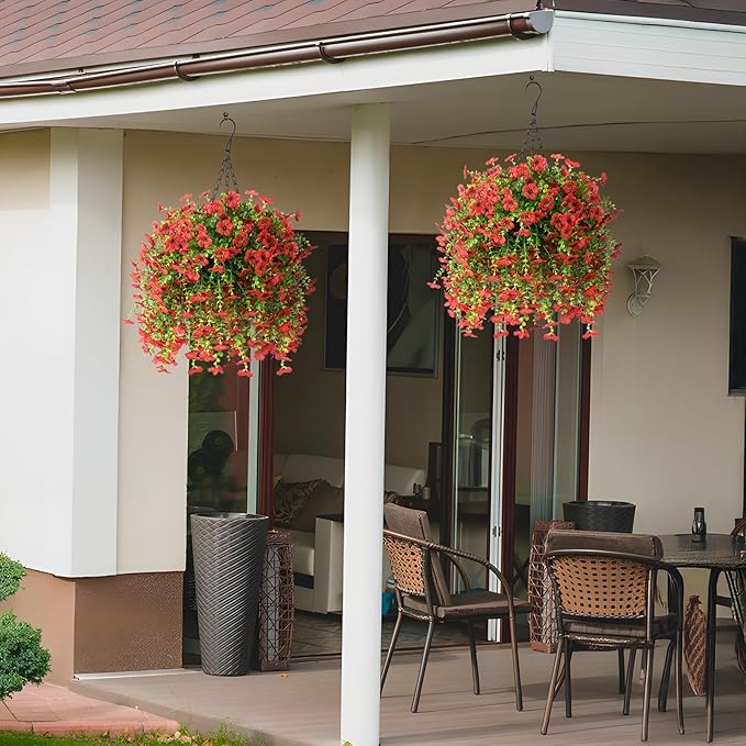 Artificial Hanging Flowers for Outdoors Spring Decoration, 2PCS Silk Fake Daisy Realistic Outdoor Flowers UV Resistant Porch Patio Window Yard Decor(Red)