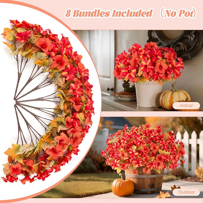 8 Bundles Fake Fall Flowers Artificial Plants for Outdoor Decorations, Faux Fall Petunias Flowers for Outside UV Resistant Realistic Planters for Garden Porch Patio Indoor Autumn Decor(Orange Red)