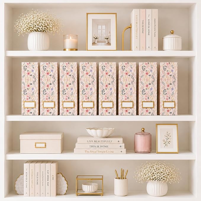 BLU MONACO | Cardboard Magazine File Holder Set of 4 | Standing File Holder with Floral Boho Design | Foldable Cardboard Bins for Shelves Desk Office Storage