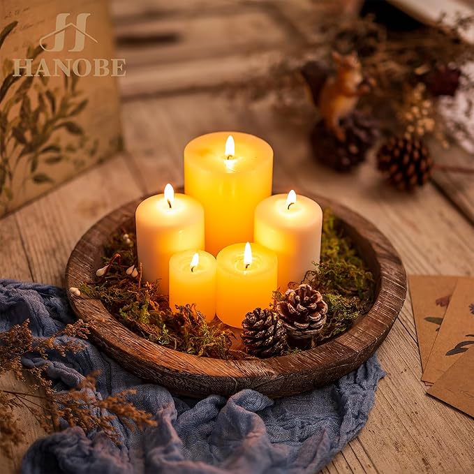 Hanobe Rustic Wooden Serving Tray: Set of 2 Round Wood Butler Decorative Tray Vintage Centerpiece Candle Holder Trays Farmhouse Ottoman Tray for Kitchen Countertop Home Decor for Coffee Table