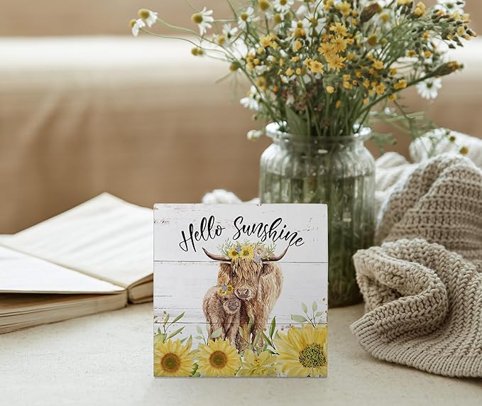 Mtrgdn Summer Decor,Sunflower Highland Cow Decorations, Tiered Tray Decor Western Cow Farmhouse Hello Sunshine Wood Box Sign for Desk Wall Shelf,Gift for Highland Cow Lovers 5x5 Inch